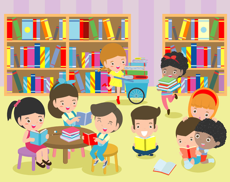 Happy kids reading book in a library ,cute children reading books, happy children while reading books education concept back to school vector illustration Stock Photo