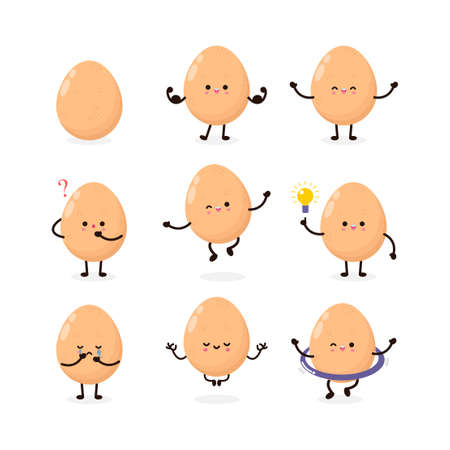 Ensemble d'œufs de poule heureux mignon dessin animé drôle de collection, concept d'aliments sains, icône personnage comique illustration vectorielle design plat isolée sur fond blanc