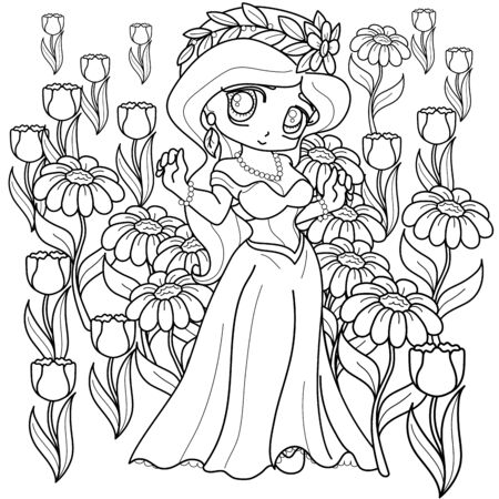 Cute little princess outlined on white background for coloring book. flower vector out line black and white.