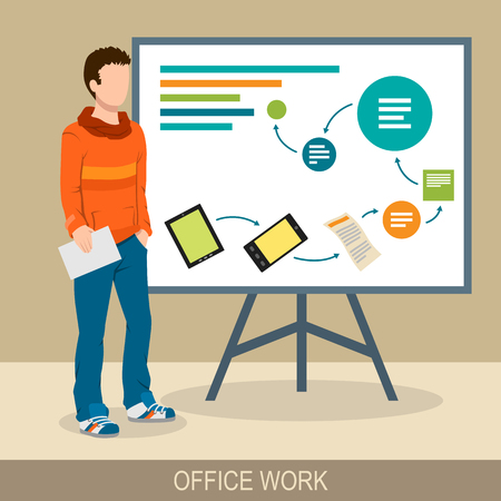 ビジネス コンセプトです 理事会で発表する男性 報告 会議 頭蓋骨セッション評議会 フラットなデザイン イラストのイラスト素材 ベクタ Image