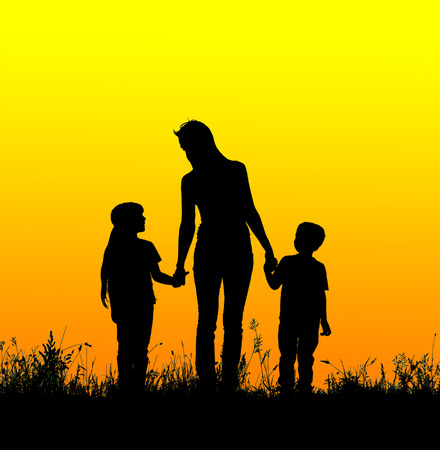 silhouette mother and child holding hands at sunset stock photo