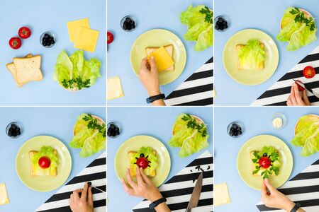 Fun Food Art For Kids. Ladybug Sandwich On Blue Background. How To Make Creative Breakfast For Kid At Home. Step By Step Instruction, View From Above. Collage