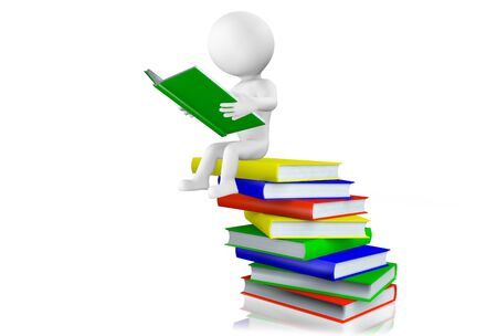 3D hombre sentado leyendo un libro de tapa dura en equilibrio sobre la parte superior de una pila de libros dispuestos en una manera casual, aislado en blanco Foto de archivo - 24804586