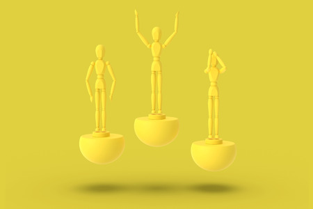 Three toy man of yellow color on a sports abstract pedestal. concept: winner, loser. 3d render.