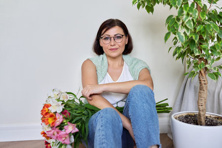 Smiling Middle Aged Woman With Bouquet Of Flowers Sitting On The Floor At Home