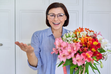 Beautiful Smiling Middle Aged Woman With A Bouquet Of Flowers