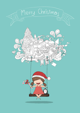 女の子サンタとクラウド アイコンを振るペンギンかわいいクリスマス ベクトル イラスト ベクターの手描きで サイズのイラスト素材 ベクタ Image