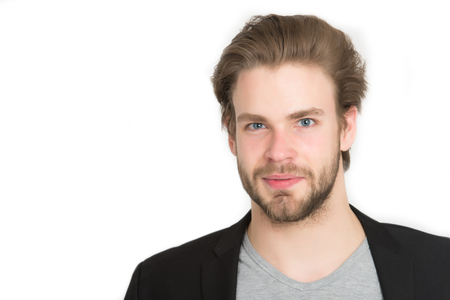 アゴヒゲ長い髭 白い背景に分離された黒のジャケットでスタイリッシュな髪で幸せなひげを剃っていないビジネスマン の写真素材 画像素材 Image