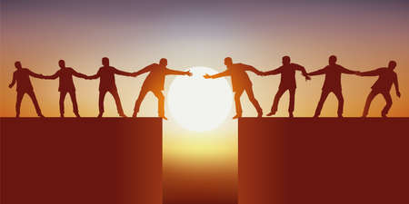 Concept de travail d'équipe avec deux groupes d'hommes, séparés par un gouffre essayant de se réunir en se tenant pour réussir à surmonter l'obstacle.