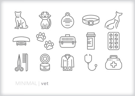 Dierenarts icon set van dierenarts lijn iconen voor de gezondheid en verzorging van huisdieren zoals honden en katten Vector Illustratie