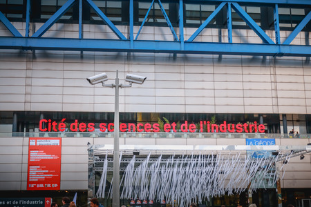 Paris, france - october 6, 2018: entrance to the city of science and industry where visitors enter during the 2018 science fair