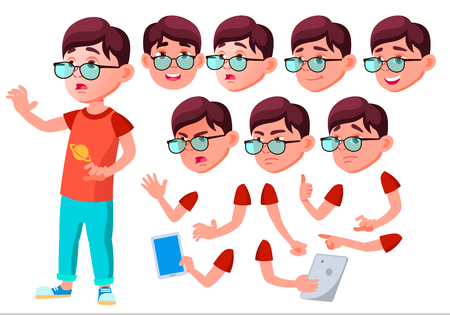 Boy, child, kid, teen vector. leisure. educational, study. face emotions, various gestures animation creation set isolated flat cartoon character illustration Stock Photo