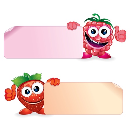 Cute vector fruits raspberry and strawberry holding a blank sign