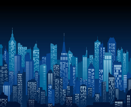 blue high detail background of a city night view composed of lots of illustrations of generic