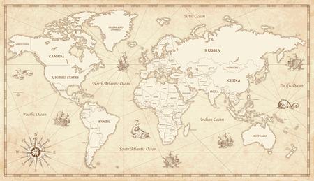 great detail illustration of the world map in vintage style with all countries boundaries and names