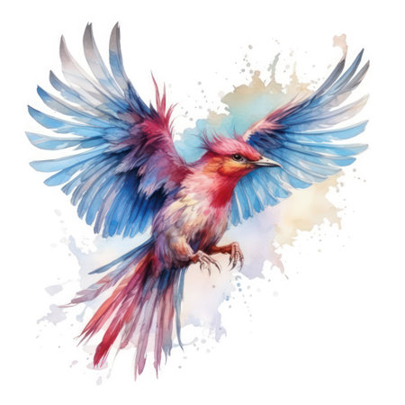 抽象的な水彩の青の空飛ぶカササギ。飛んでいる美しい鳥。グラフィティ