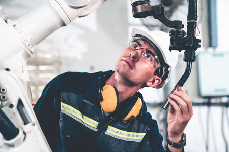 Young factory worker working with adept robotic arm in a workshop industry robot programming software for automated manufacturing technology Stock Photo
