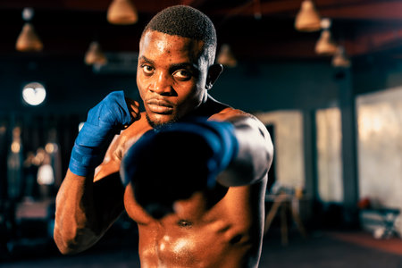 上半身裸のポーズをとるアフリカ系アメリカ人の黒人ボクサーが攻撃的な