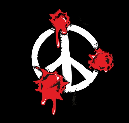 ピースサインに血しぶきと銃弾の穴 黒い背景にフラット ベクトル イラスト のイラスト素材 ベクタ Image