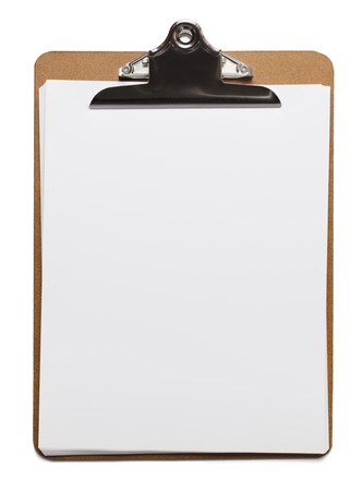 classic brown clipboard with blank white paper on isolated