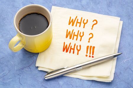 Why? Why? Why!!! Handwriting on a napkin with a cup of coffee.