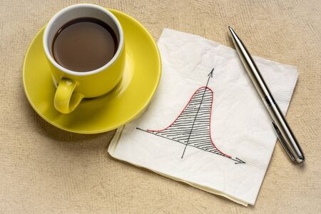 Gaussian (bell) curve or normal distribution graph on white napkin with a cup of coffee Banco de Imagens