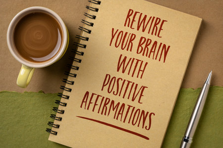 rewire your brain with positive affirmations - inspirational writing in a spiral notebook with a cup of coffee, self improvement and personal development concept Banco de Imagens