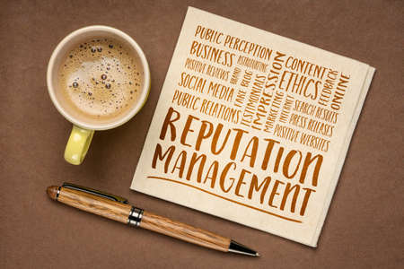 reputation management word cloud, handwriting on a napkin with a cup of coffee, business and public relations concept