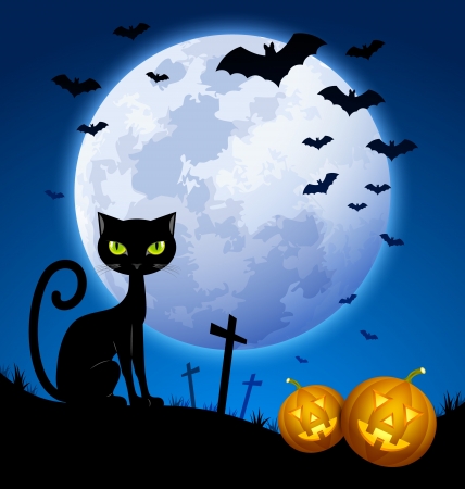 Moonlight lanterns: Cảnh với trăng tròn, con mèo đen, dơi Creepy Halloween và chạm khắc bí ngô Jack-o'-lantern Hình minh hoạ