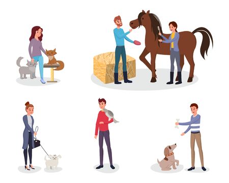 Pet owners flat vector illustrations set. cartoon people taking care of domestic animals, cats, dogs. male, female volunteers, shelter workers playing with kitties, puppies, brushing horse mane hair
