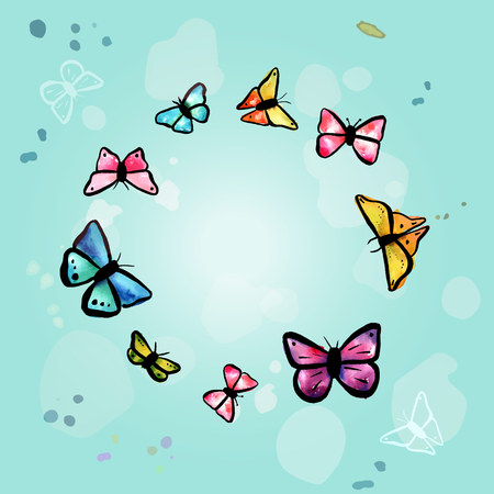 フリーハンドの水彩蝶 ターコイズ ピンク 紫 Copyspace や塗料の飛散とティール ブルーの背景に黄色の枠線 スケーラブルなベクトル描画 のイラスト素材 ベクタ Image