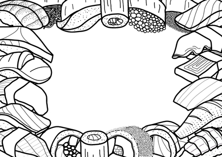 25 隔離されたカラフルな寿司のセットし ロールします かわいい和食手描きスタイルのイラスト のイラスト素材 ベクタ Image