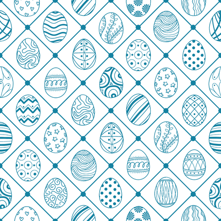 cute easter eggs in blue outline with blue square on white