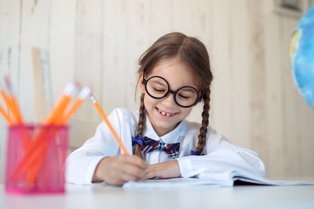 Tugging glasses pigtails schoolgirl