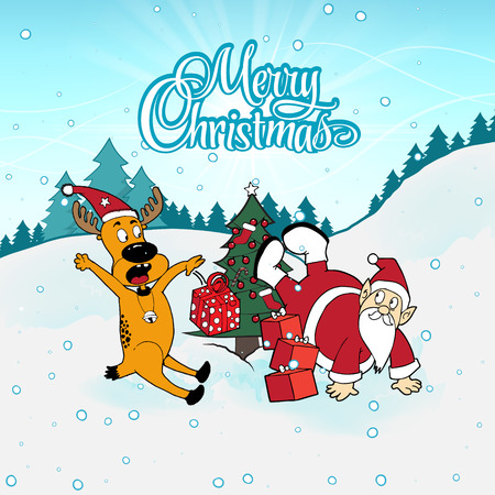 Santa Claus standing head over feet isolated.Deer stunned Santa show standing head over feet isolated.Reindeer sitting stunned and open his mouth. Christmas illustration. Funny Santa and Reindeer