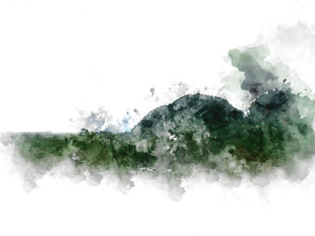 抽象的な水彩画 自然風景 水彩イラスト絵画の背景に抽象的な緑のカラフルな形。の写真素材・画像