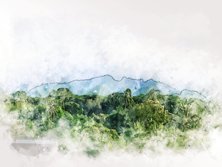 水彩イラスト絵画の背景に抽象的な緑のカラフルな形。の写真素材・画像
