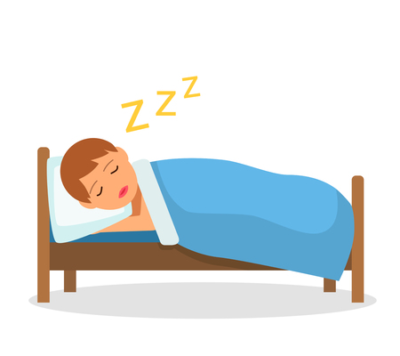男の子は毛布の下のベッドで甘い夢を眠る フラット漫画スタイルで孤立したベクトルのイラストのイラスト素材 ベクタ Image