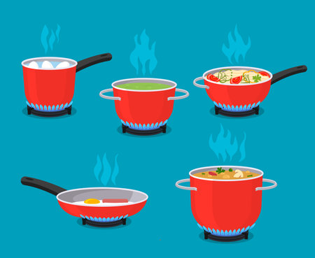 Ustensiles de cuisine. poêle à frire, casseroles, louche de nourriture sont cuites sur la cuisinière à gaz. Banque d'images