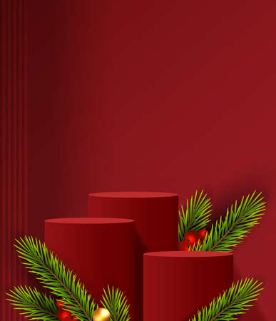 Merry christmas is geometry podium shape for show cosmetic product display. stage pedestal or platform. winter christmas red background with tree xmas for promotion product. vector design.