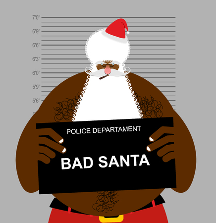 African American Santa at police station. Mugshot Black Santa gangster. Afro hairstyle and red Christmas hat. Vector Illustration