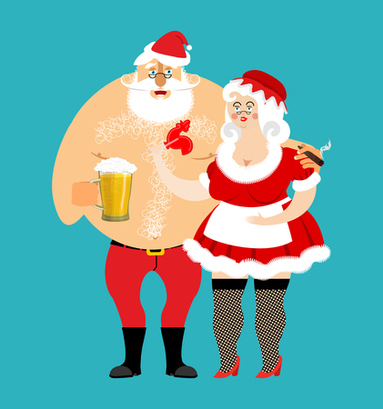 Bad Santa and Mrs. Claus isolated. drunk Christmas family. Woman in red dress and white apron. Cheerful elderly. New Year menage. Mug Beer and cigarette
