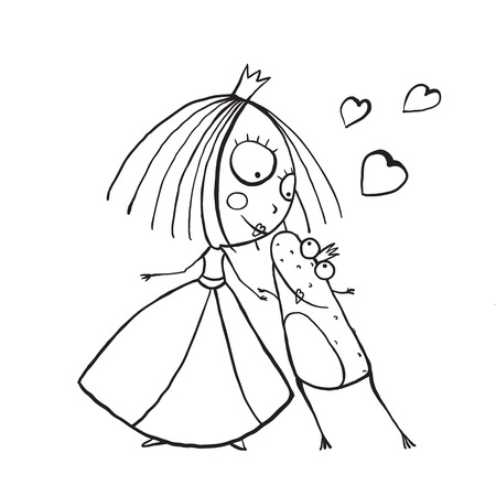 Bebe Princesse Et Le Prince Grenouille Embrasser Coloriage Les Enfants Adorent Histoire Mignonne Et Amusante Apercu Illustration Dessinee A La Main Clip Art Libres De Droits Vecteurs Et Illustration Image