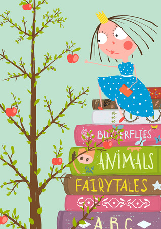 スマートかわいい女の子読書おとぎ話本 子供のための色鮮やかな手描きイラスト のイラスト素材 ベクタ Image