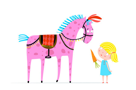 Funny little kid girl feeding a horse. vector cartoon.