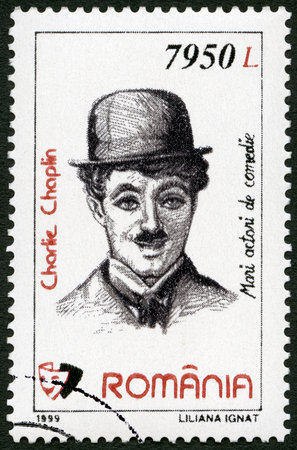 ROMANIA - CIRCA 1999: A stamp printed in Romania shows portrait of Charlie Chaplin (1889-1977), series Comic Actors, circa 1999