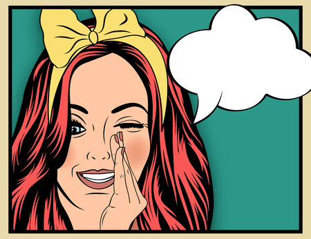 スピーチの泡を持つ少女のポップアート イラスト ポップアートの女の子 パーティの招待状 誕生日グリーティング カード ヴィンテージ広告ポスター 吹き出しとファッションの女性 のイラスト素材 ベクタ Image