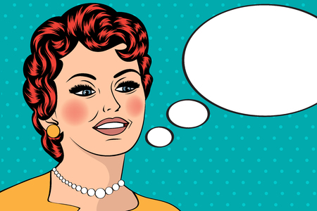 スピーチの泡を持つ少女のポップアート イラスト ポップアートの女の子 パーティの招待状 誕生日グリーティング カード ヴィンテージ広告ポスター 吹き出しとファッションの女性 のイラスト素材 ベクタ Image