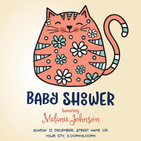 baby shower card template with fat doodle cat, vector format