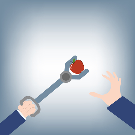 アップル知識概念をつかむ フラットなデザインのイラストをベクトルしようと実業家の手の概要のイラスト素材 ベクタ Image